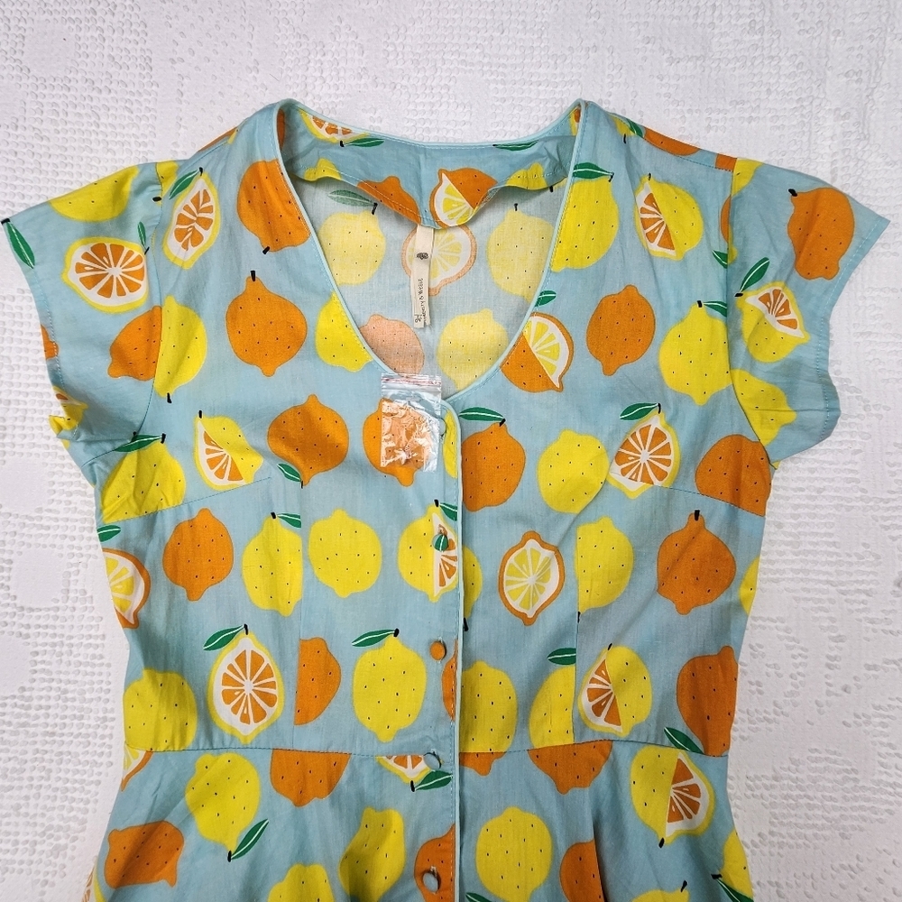 Modcloth Blue Dress with Yellow and Orange Citrus Print - Picture 5 of 14